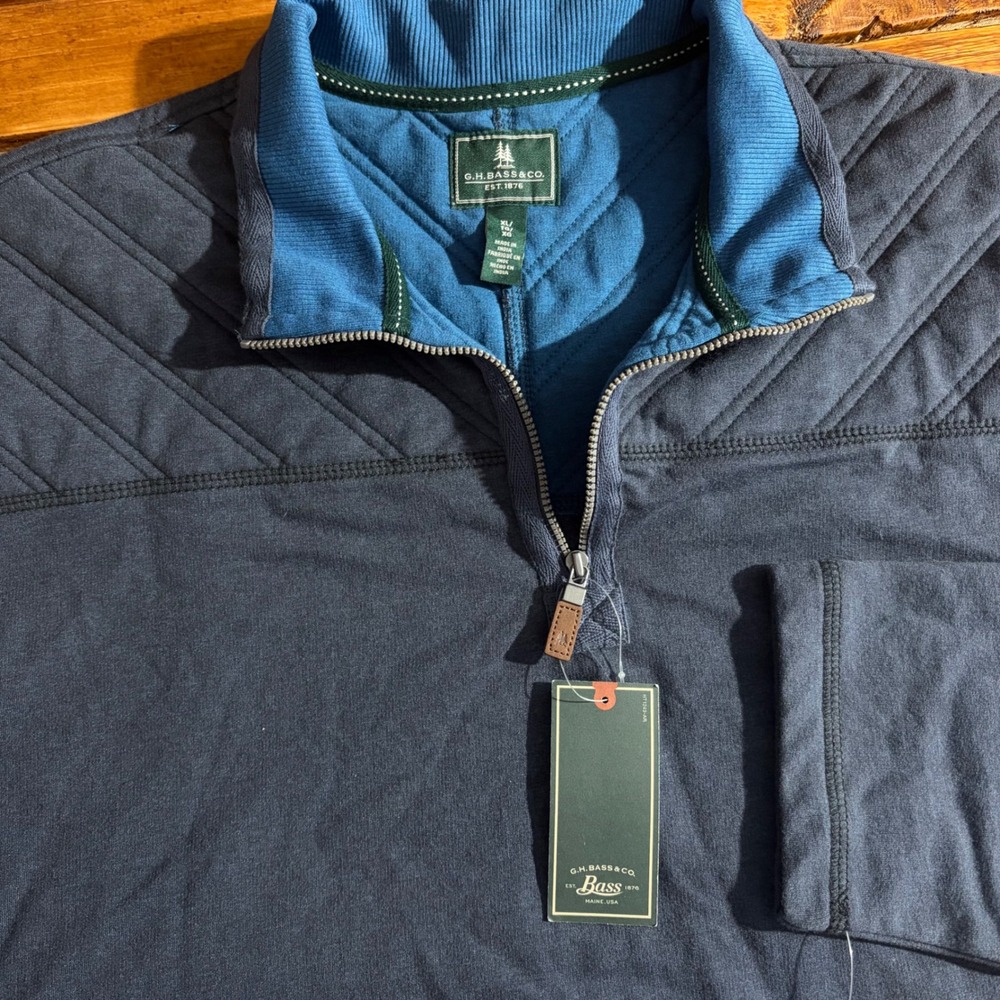 GH Bass & Co Men's‎ XL Pullover Sweatshirt Navy Blue Quilted Quarter Zip 1/4 NEW